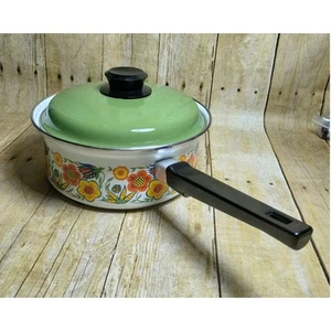 Olla de salsa esmaltada floral de colección y tapa verde 8" flor funky blanca por dentro (lrs) - Imagen 1 de 6
