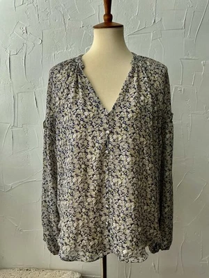 Женская шифоновая блузка L темно-синий цветочный с подкладкой крестьянский женский скромный пышный - Изображение 1 из 4