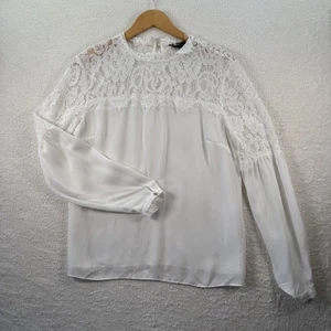 New Look Blouse Size UK 12 White Top With Open Lace Long Sleeves High Lace Neck - Picture 1 of 14