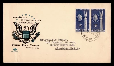 DR WHO 1955 AUSTRALIA FDC USA MEMORIAL ROYAL CACHET PAIR w8372 - Image 1 of 2
