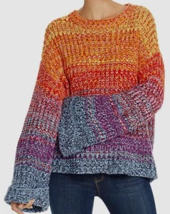 $200 Aqua Women Red Crew-Neck Long-Sleeve Rainbow Drop-Shoulder Marled Sweater M - Picture 1 of 2