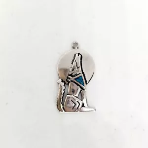 Vintage signierter Wolf heulender Mond silberfarben Türkis-Inlay Südwesten Charm Anhänger - Bild 1 von 6