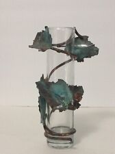 GLASS BUD VASE Flower Holder Copper Vine Wrap With Colored Leaves 7.5” Handmade