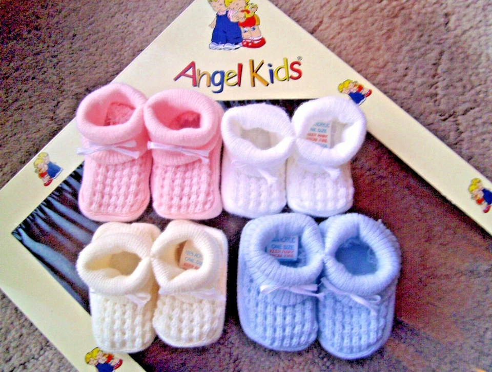 ANGEL KIDS Newborn + Baby Blue/Pink/White Boy/Girl Acrylic Knitted Bow Bootee/Booties Socks