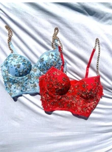 Chainlink Strap Floral Embroidered Underwire Bralette Top Baby Blue Red CUSTOM - Picture 1 of 12