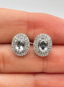 Designer 14k White Gold 1.02tcw Natural Aquamarine & Diamond Halo Stud Earrings - Picture 1 of 5