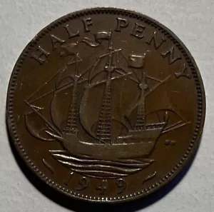 Great Britain 1/2 Half Penny 1949 - Golden Hind Ship - King George VI - Picture 1 of 3