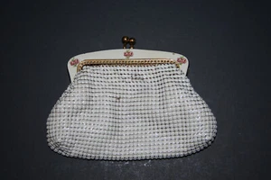 Vtg Coin Purse ~ Oroton White Metal Mesh With Enamel Closure Decorated w Roses  - Picture 1 of 6