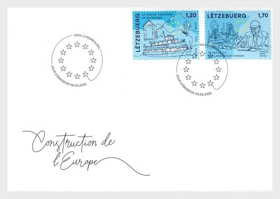 Luxembourg 2025 75th ann Schuman Declaration 1950 Schengen Agreement 2v FDC PJ - Image 1 of 1