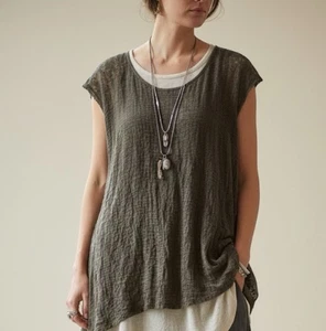 LAUREN VIDAL Tunika Faltenstoff grün bräunlich künstlerisch Lagenlook Spitze LARGE - Bild 1 von 10