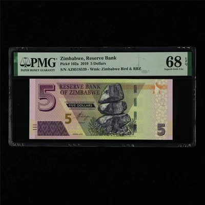2019 Zimbabwe Reserve Bank 5 Dollars Pick#102a PMG 68 EPQ Superb Gem UNC 04 - Image 1 of 4