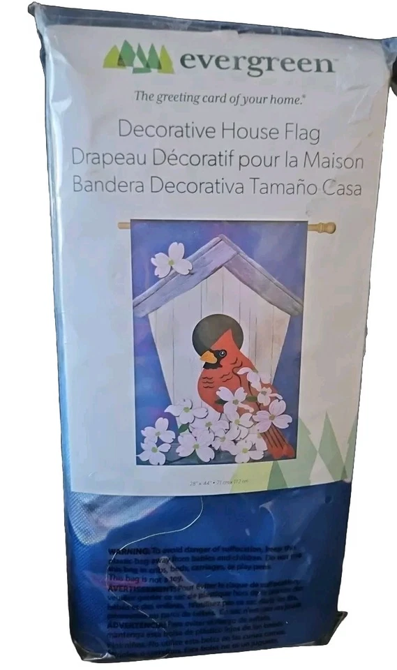Bandera de casa decorativa de hoja perenne - casa de pájaro cardenal 28 pulgadas x 44 pulgadas azul blanco Foto 1 de 4