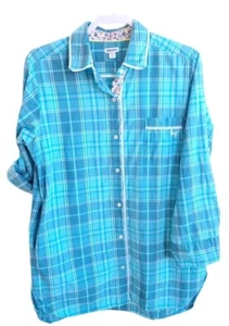 DKNY Womens M Shirt Blue Plaid Button Up Pocket Roll Tab Sleeves Country Casual  - Picture 1 of 8