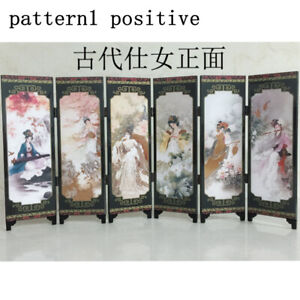 6 Panel Oriental Beauties Screen Room Divider Wood Folding Partition