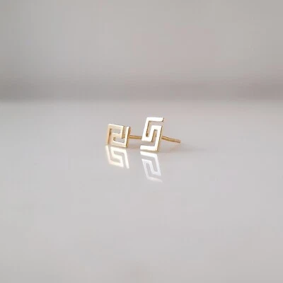 14K Gold Thin Greek Meander Greek Key Earrings Studs .14K Clasps in silicone. - Image 1 of 4