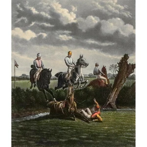 Hand Colored British Restrike Engraving Horse Steeplechase IMPENDING DANGER Art - Picture 1 of 1