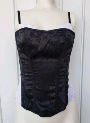 Vintage Frederick's of Hollywood Satin Brocade Corset Top Sz 32 Black White Goth - Image 1 of 4