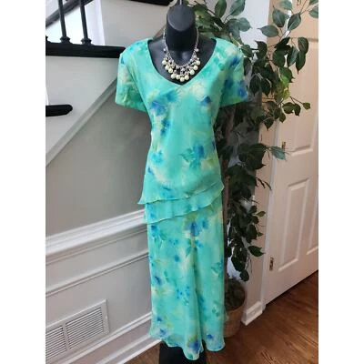 Maxi Vestido Largo Miss Dorby Para Mujer Talla 14 Verde Floral Forrado Manga Corta Cuello en V Foto 1 de 4