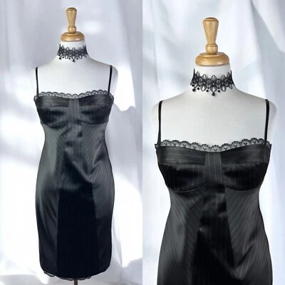 Sexy Vestido Bustier Negro Satinado Rayas Encaje Gótico Steampunk Lolita Formal Talla 6 Foto 1 de 4