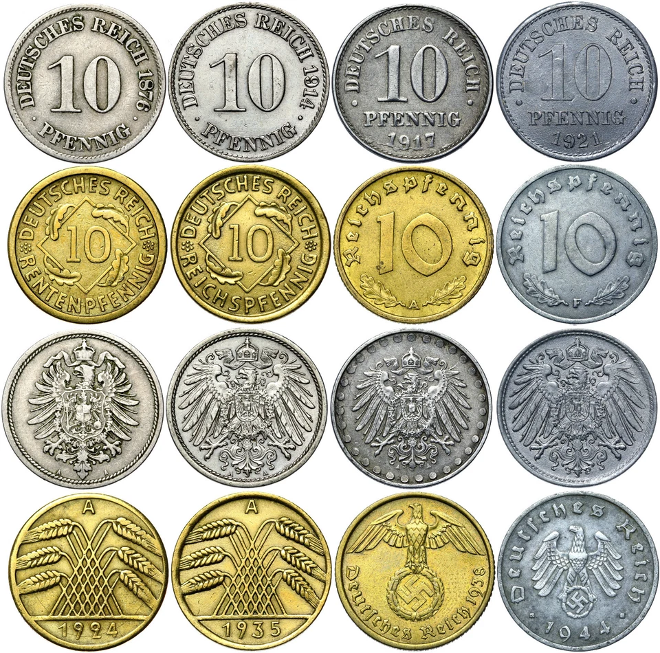 Germany Deutsches Reich - BUNDLE Set 8 Coins 10 Pfennig 1873-1945 LOT Collection - Image 1 of 1