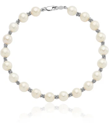 Pulseira de corrente de pérolas cultivadas em água doce redonda ouro branco 14K sólido 6 mm - Imagem 1 de 4