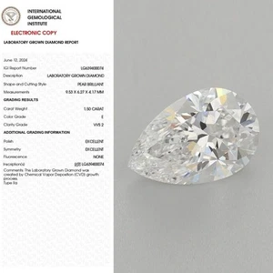 Pear Shape Loose Diamond IGI Certified 1.50 Carat Lab Created Grown E VVS2 - Picture 1 of 11