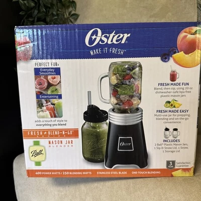 Oster Blend-N-Go Mason Ball Jar Blender One-Touch Blender Smoothie Maker Open - Image 1 of 4