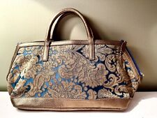 TERRIDA Brocade Damask Silk hand bag Italy Genuine leather bag Blue GOLD 19”