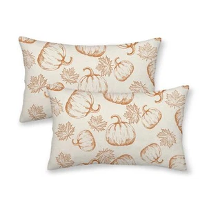Fall Pillow Covers 12 x 20 Set of 2 Fall Orange Pumpkin Maple Leaves Lumbar T... - Picture 1 of 6