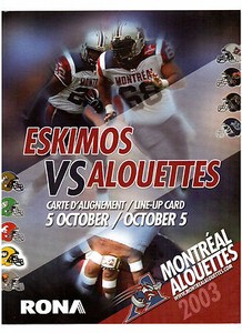 LINE-UP CARD EDMONTON ESQUIMOS vs MONTREAL ALOUETTES OCTOBER 5, 2003 !!