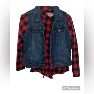 Old Navy red Buffalo plaid fleece Top Cat & Jack Denim Vest 14/16 Set Bundle - Picture 1 of 7