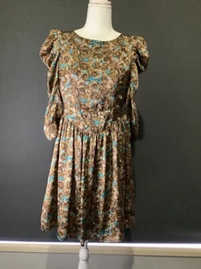 SPORTSGIRL Size 10 Dress Retro Style Brown Blue Ruched 3/4 Sleeves Side Zip VGC - Picture 1 of 10