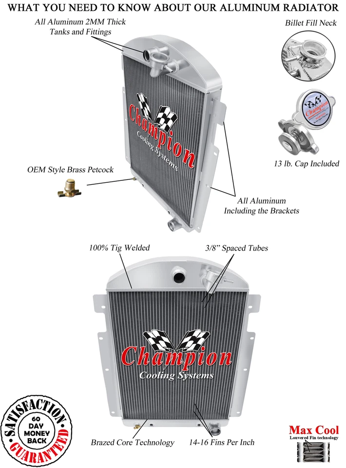 3 Row Kool Champion Radiator for 1938 Chevrolet HE V8 Conversion #CC3738CH Foto 1 de 4