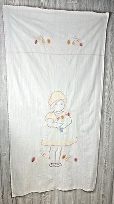 VTG Baby Girl Crib Cover Top Sheet Hand Embroidered 34"x66" Girl Holding Flowers - Image 1 of 4