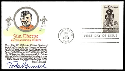 1984 Jim Thorpe FDC American Indian Athlete Torkel Gundel Signed Cachet - Image 1 of 2
