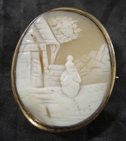 Antique Carved Cameo Gold Filled Brooch Pendant * Scenic Landscape & Woman