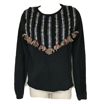 Zara Trafaluc Top Sweatshirt Women Size 5 S Black BOHO Southwest  Long Sleeve • 17€
