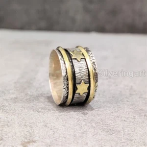 925 STERLING SILVER TWO TONE SPINNER RING ANXIETY ANNIVERSARY GIFTED STAR BAND - Picture 1 of 5