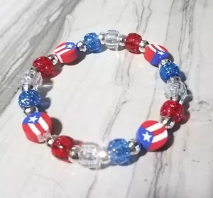 Puerto Rico Flagge Sterne & Streifen Perlen Stretch Armband. Rot Weiß & Blau PR - Bild 1 von 4