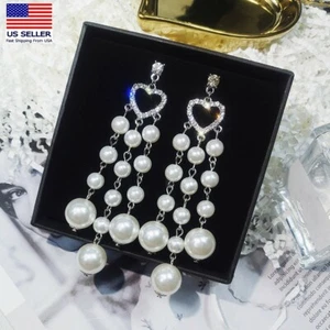 Women 925 Sterling Silver Earrings Stud Oversized Large Pearls Love Heart Tassel - Picture 1 of 3