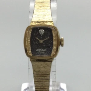 Vintage Wittnauer Geneve Watch Women 16mm Gold Tone Black Dial Manual Wind 7" - Picture 1 of 16