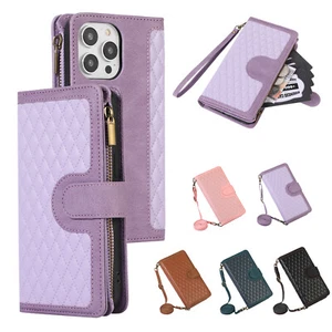 Brieftasche Hülle für iPhone 16/15/14/13/12/11 Kartenfächer Reißverschluss Geldbörse Crossbody Riemen - Bild 1 von 17