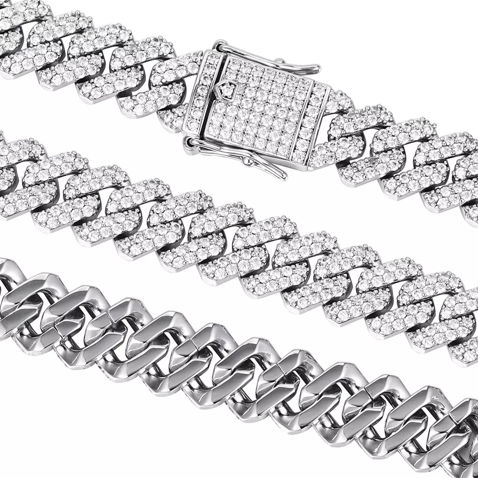 Brazalete de eslabones cubanos Miami de acero inoxidable chapado en oro blanco con circonita helada para hombre 12 mm Foto 1 de 4