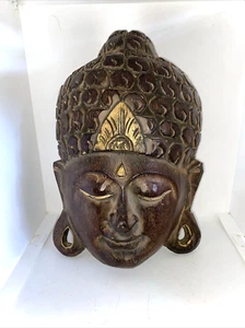 Vintage Indonesian Hand Carved Wood Buddha Head Wall Mask Folk Art Decor Artisan - Picture 1 of 11