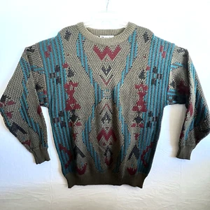 Zeppelin Sweater Mens XL Abstract Pullover Bronze Turquoise Long Sleeve Vtg 80s - Picture 1 of 6