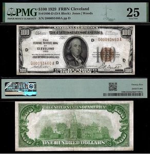 1929 $100 National Currency - PMG 25 - FRBN Cleveland - Fr 1890-D - Picture 1 of 3