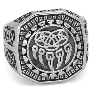 Viking Bear Claw Ring Silver Stainless Steel Nordic Celtic Knot Signet Band - Picture 1 of 4