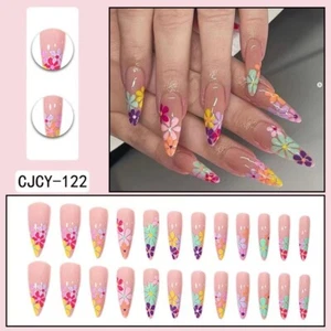 Handmade False Nail  Floral  French Tip Long Press on Nails for Manicure - Picture 1 of 1