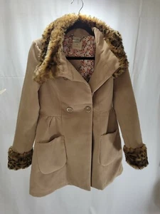 JouJou women's Medium Faux Fur Jacket Beige Mid Length Button Up Coat - Picture 1 of 5