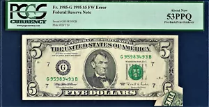 1995 $5 FW Error Pre-Back Print Foldover Error PCGS 53 PPQ Over Fold US Banknote - Picture 1 of 10